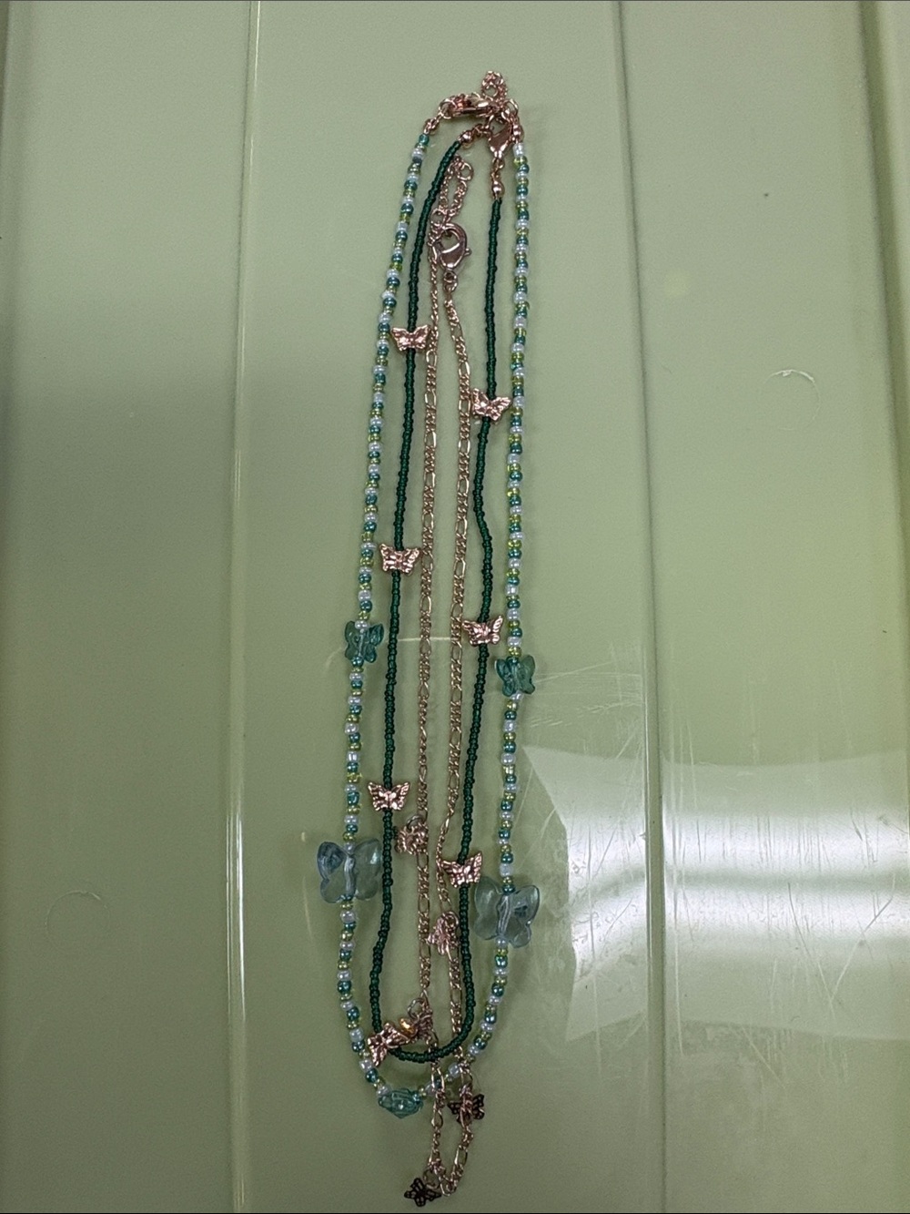 Multi-Strand Green Beaded Butterfly Necklace - Unbranded